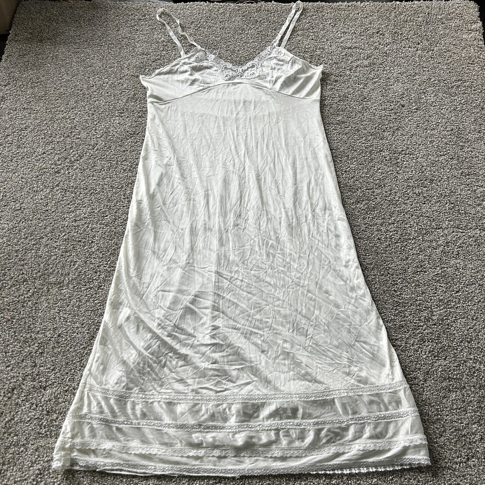 Long Satin Full Slip Womens Medium White Lace Trim Sheer Under Dress Lingerie